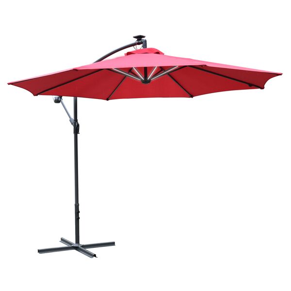 outsunny ombrellone da giardino a braccio con manovella e 8 strisce led a energia solare Φ295x245cm, rosso scuro