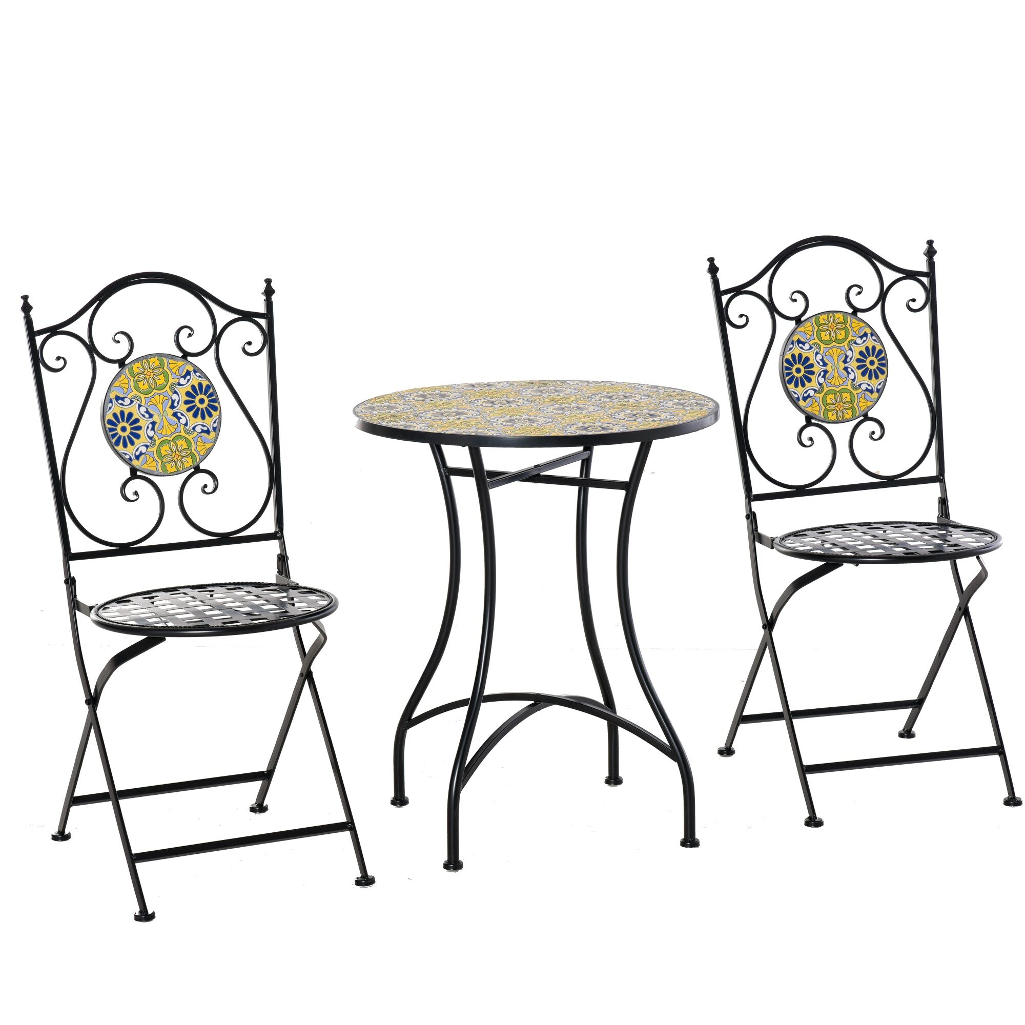 outsunny set tavolo e sedie da giardino 3 pezzi, mobili da esterno pieghevoli in metallo con maioliche colorate