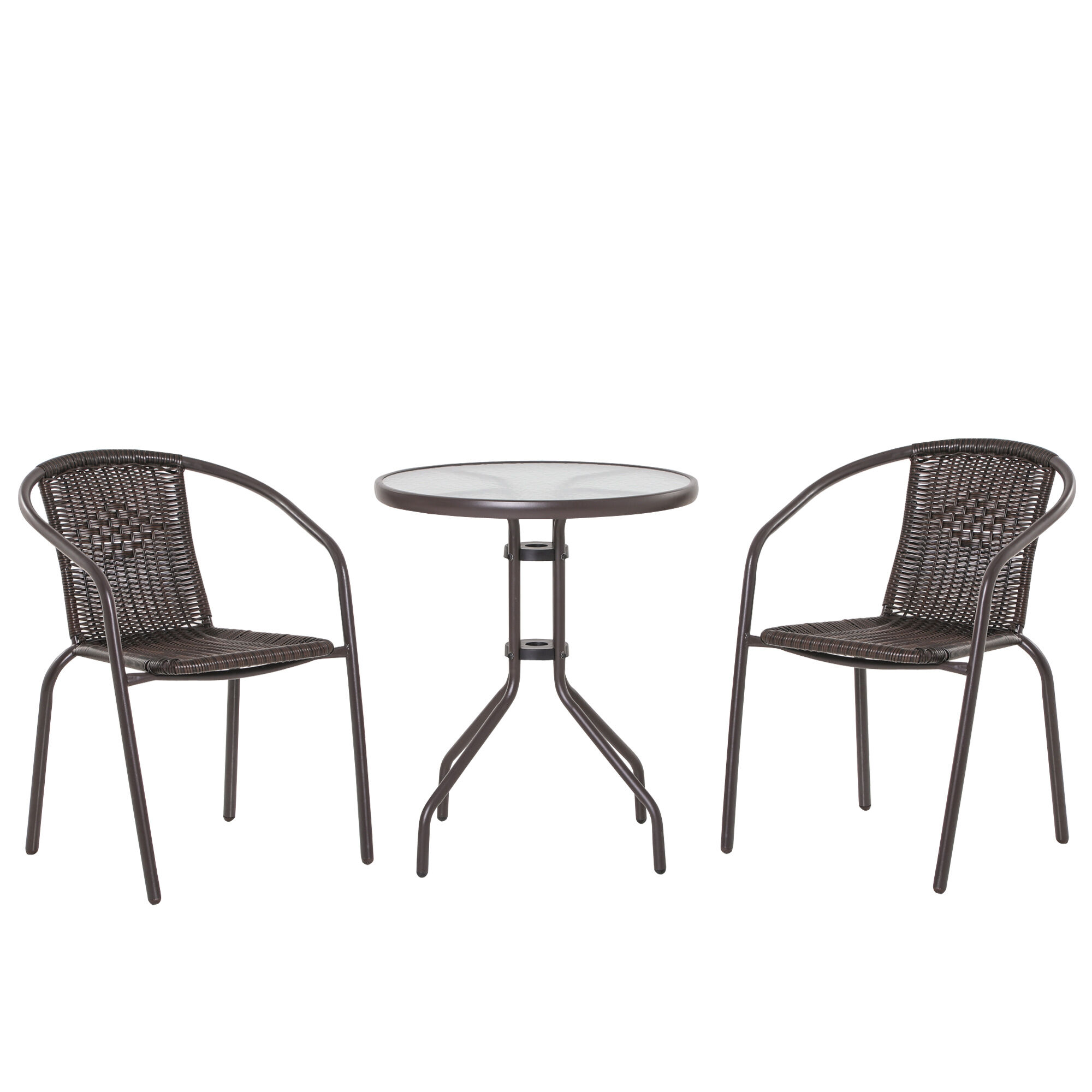 outsunny set tavolo e 2 sedie da giardino in acciaio e rattan pe, arredamento da esterno da 3 pezzi marrone