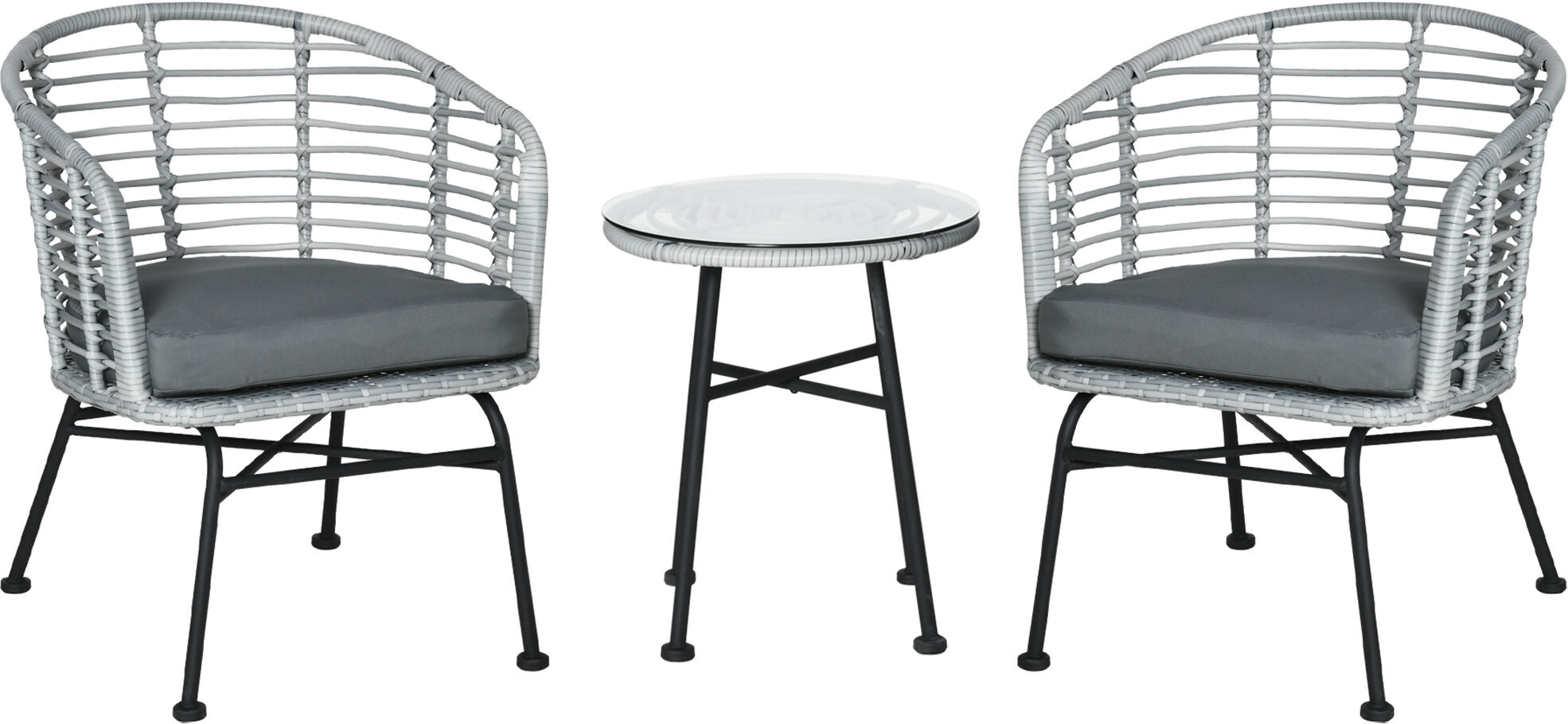 Outsunny Set Mobili da Giardino 3 Pezzi in Rattan, Salotto da Esterno con 1 Tavolino e 2 Sedie per Terrazza e Bistrò, Grigio