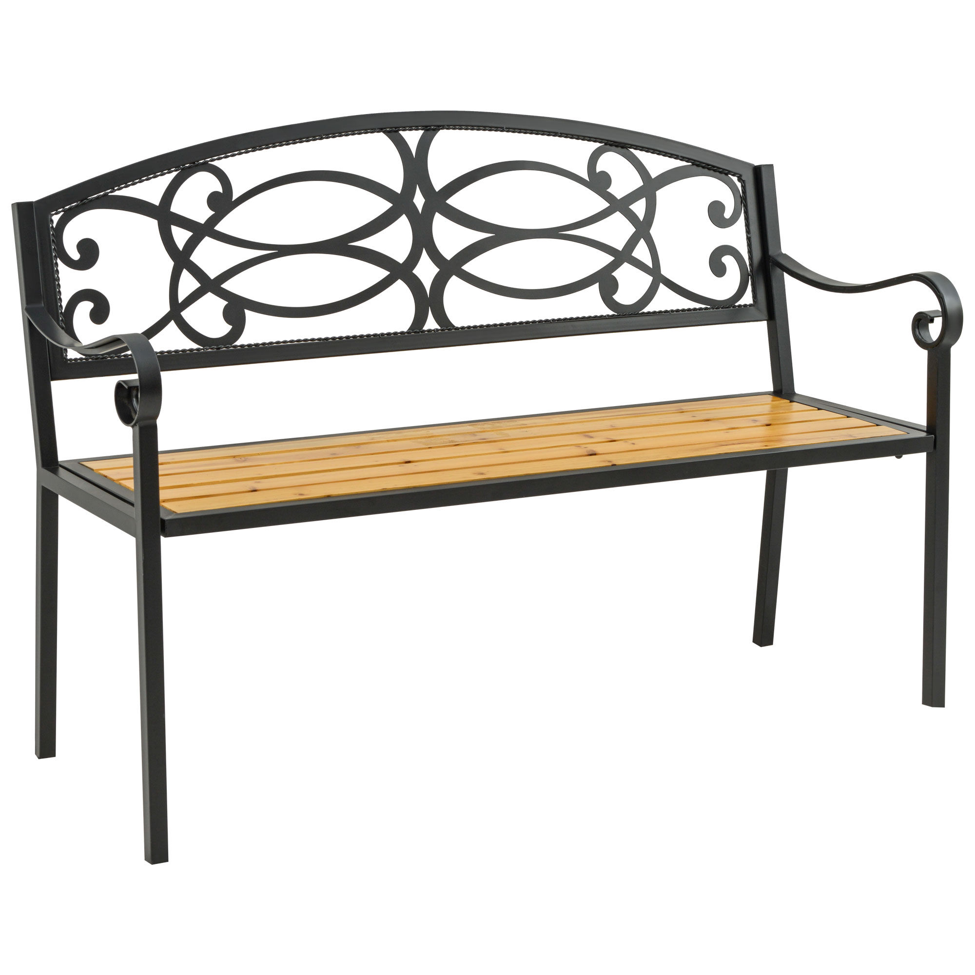 Outsunny Panchina da Giardino a 2 Posti in Metallo e Legno, Panca da Esterno Schienale con Braccioli, 127x52x88cm