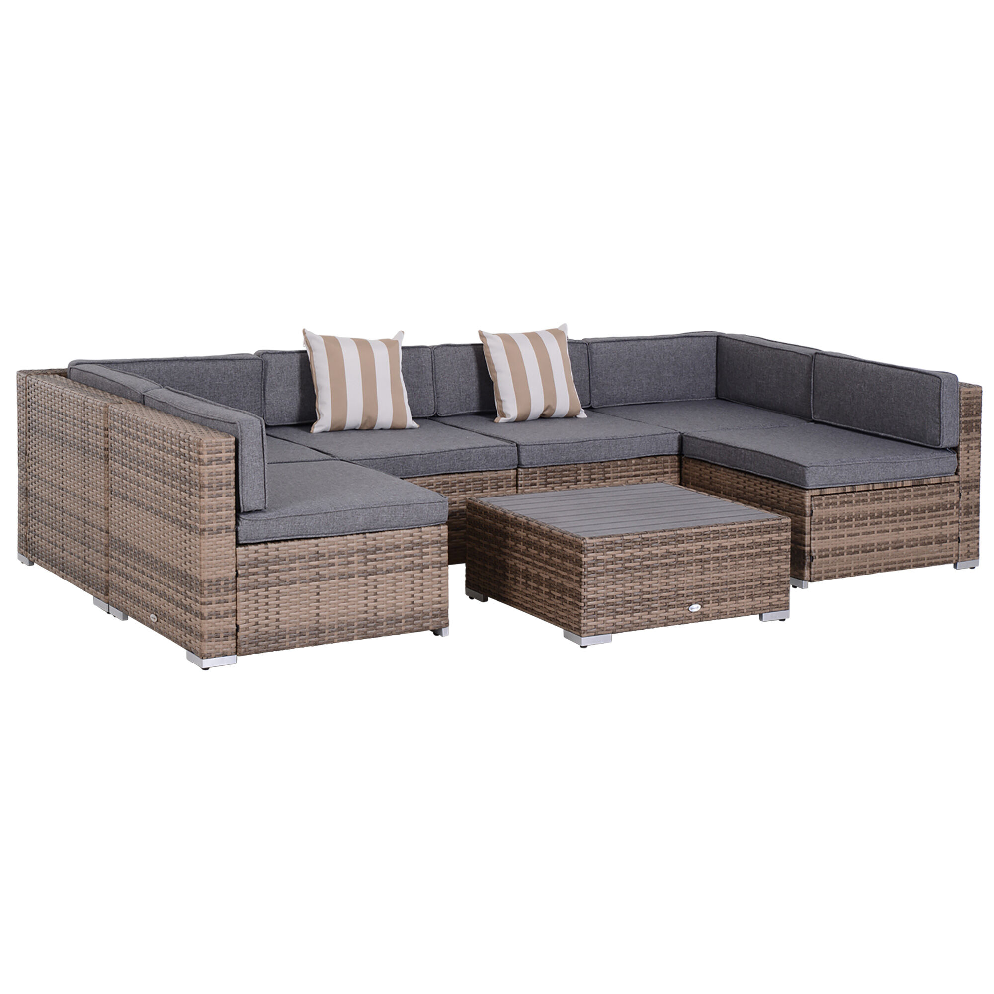 Outsunny Salotto da Giardino in Rattan da 7 Pezzi, Set di Mobili con Tavolino e Divano Modulabile con Cuscini, Grigio