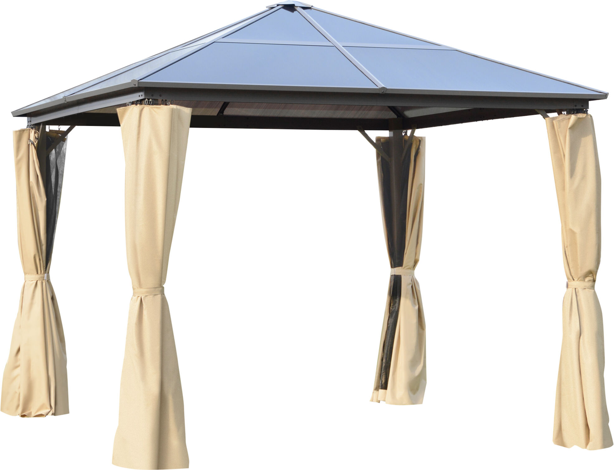 Outsunny Gazebo da Giardino 2.94x2.94m con Tetto in Policarbonato e Zanzariere, Struttura in Alluminio, Caffè e Khaki