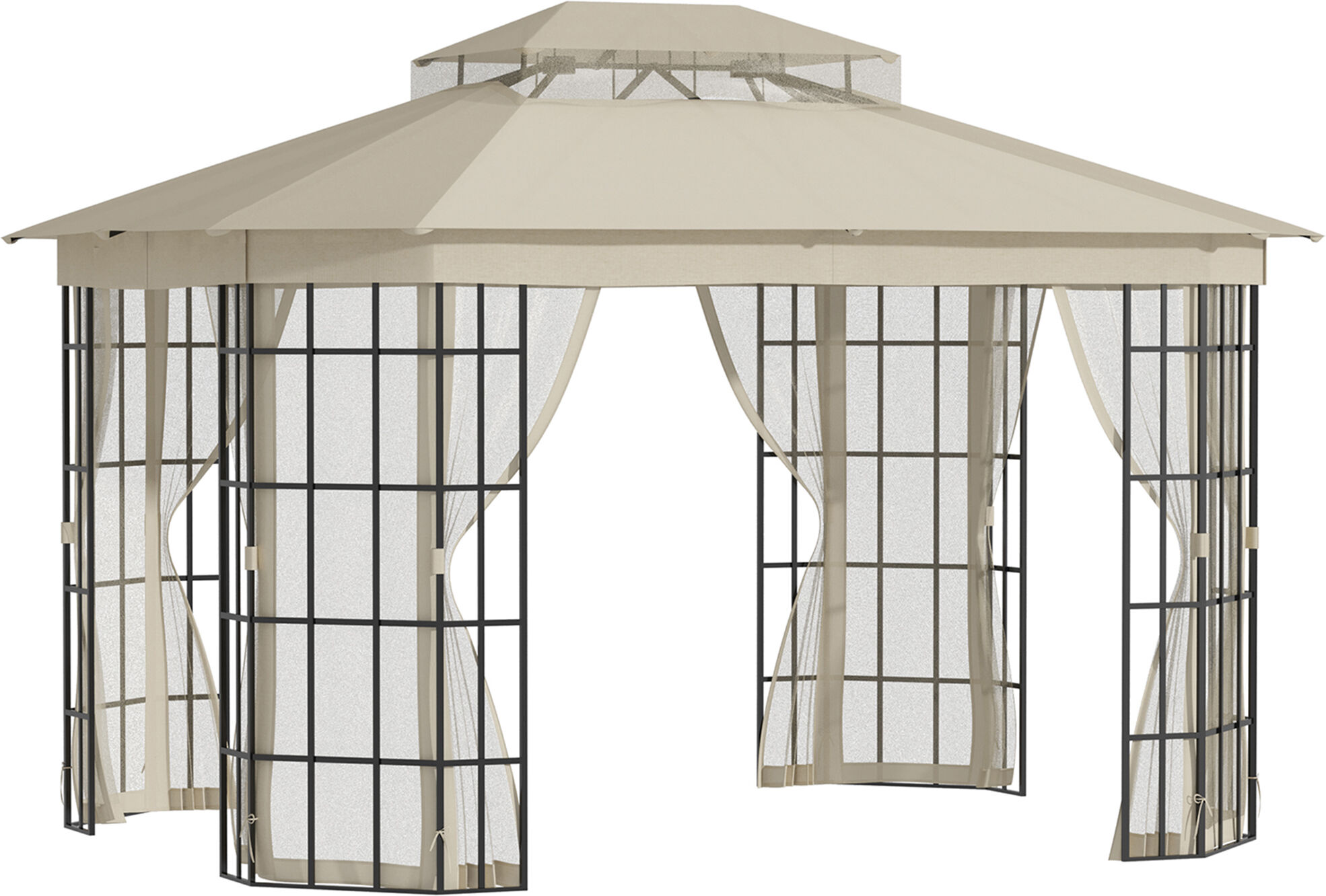 Outsunny Gazebo da Giardino 3.65x3m con Zanzariera e Tettuccio a 2 Livelli in Poliestere, Gazebo Esterno con Struttura in Metallo, Nero e Beige