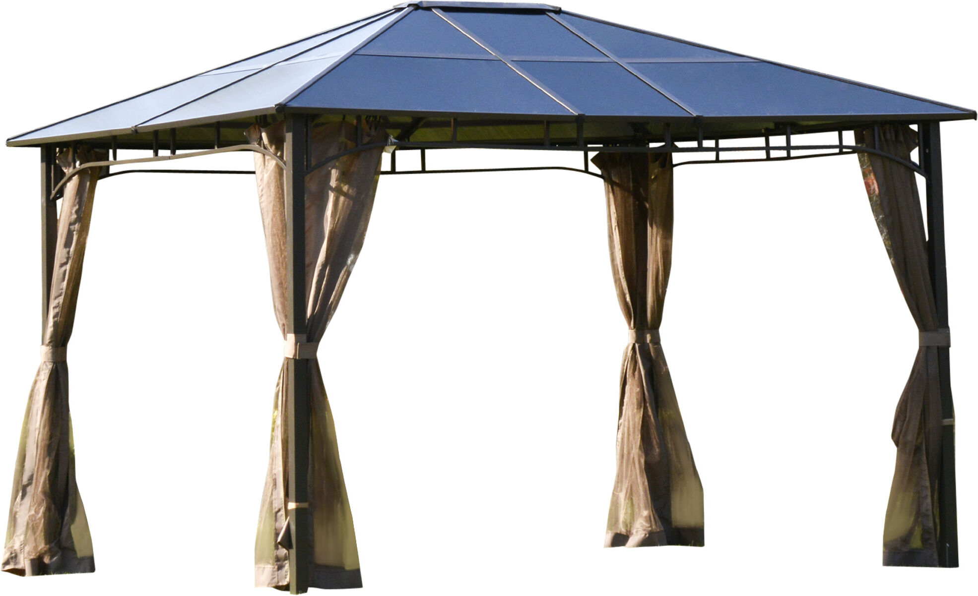 Outsunny Gazebo da Giardino con Zanzariera 3.6x3m, Struttura Acciaio e Alluminio, Tetto Policarbonato Marrone