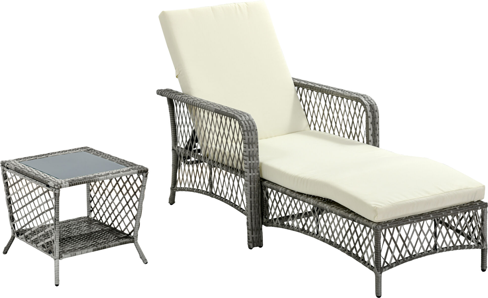 Outsunny Set Lettino Prendisole e Tavolino in Rattan PE, Sdraio da Giardino Regolabile su 5 Posizioni e Tavolino a 2 Ripiani, Bianco Crema