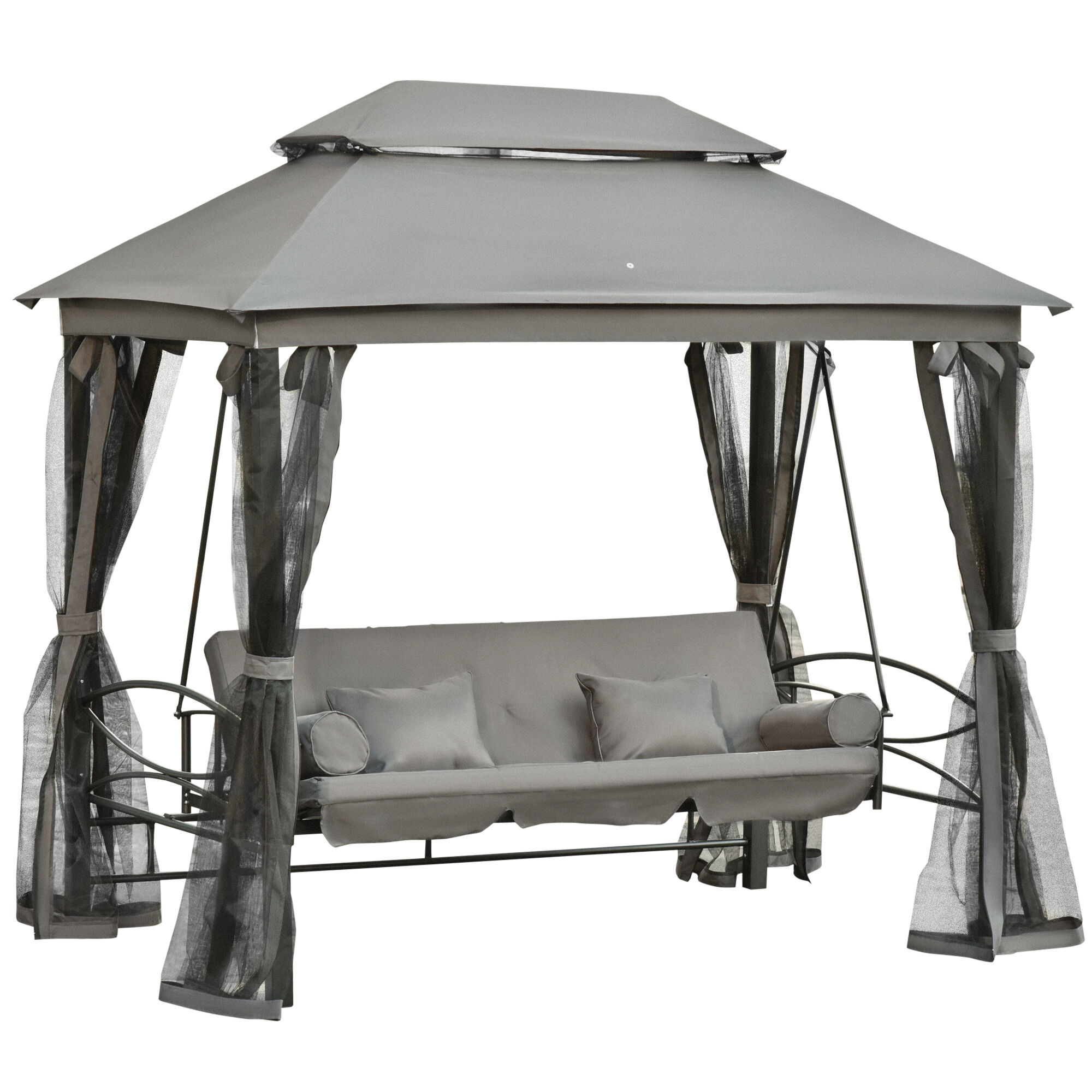 Outsunny Dondolo 3 Posti e Lettino Singolo Copertura a Gazebo con Zanzariera e Cuscini, Grigio Scuro 256x172x248cm