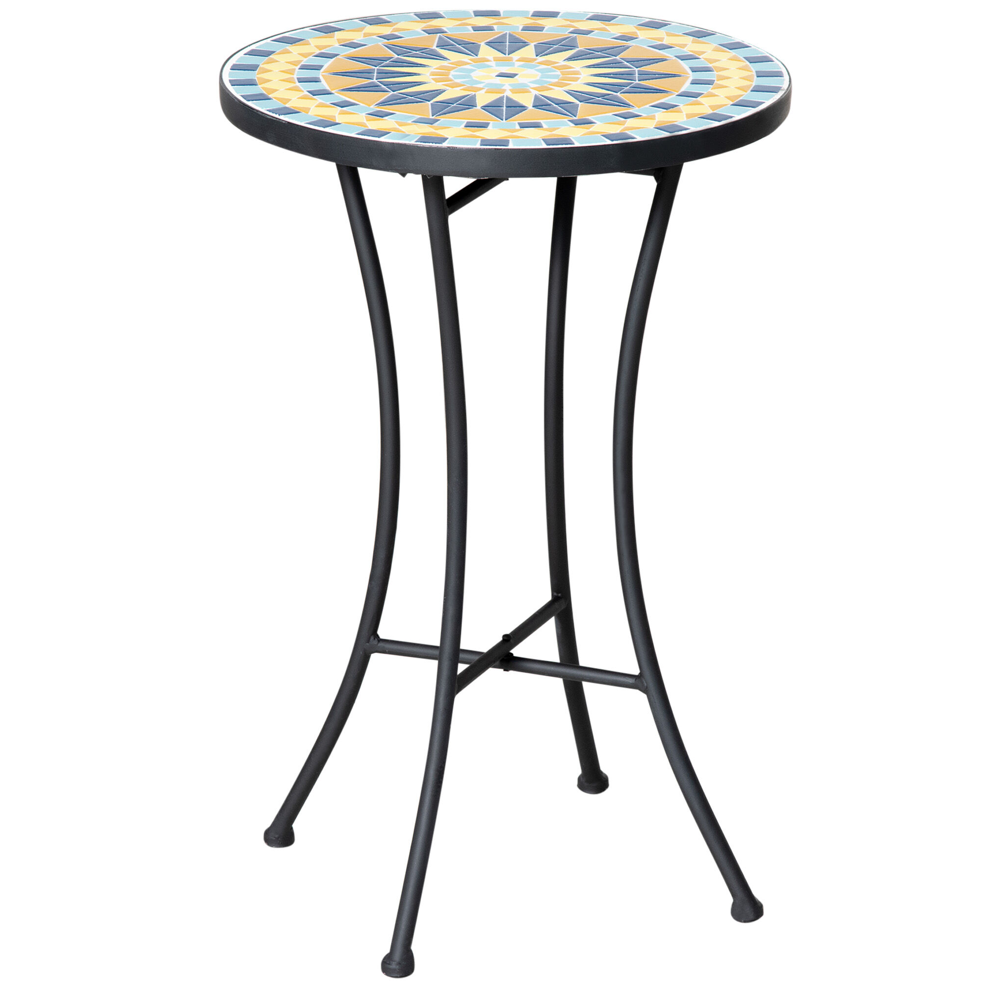 Outsunny Tavolino da Giardino in Metallo con Piano d'Appoggio a Mosaico in Ceramica, Ф35.5x53.5cm, Multicolore