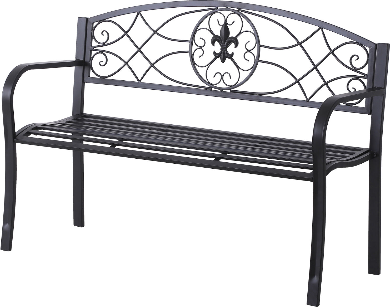 Outsunny Panchina da Giardino 2 Posti, Design Floreale, Ergonomica, con Braccioli, in Metallo, Nero, 129x50x91cm