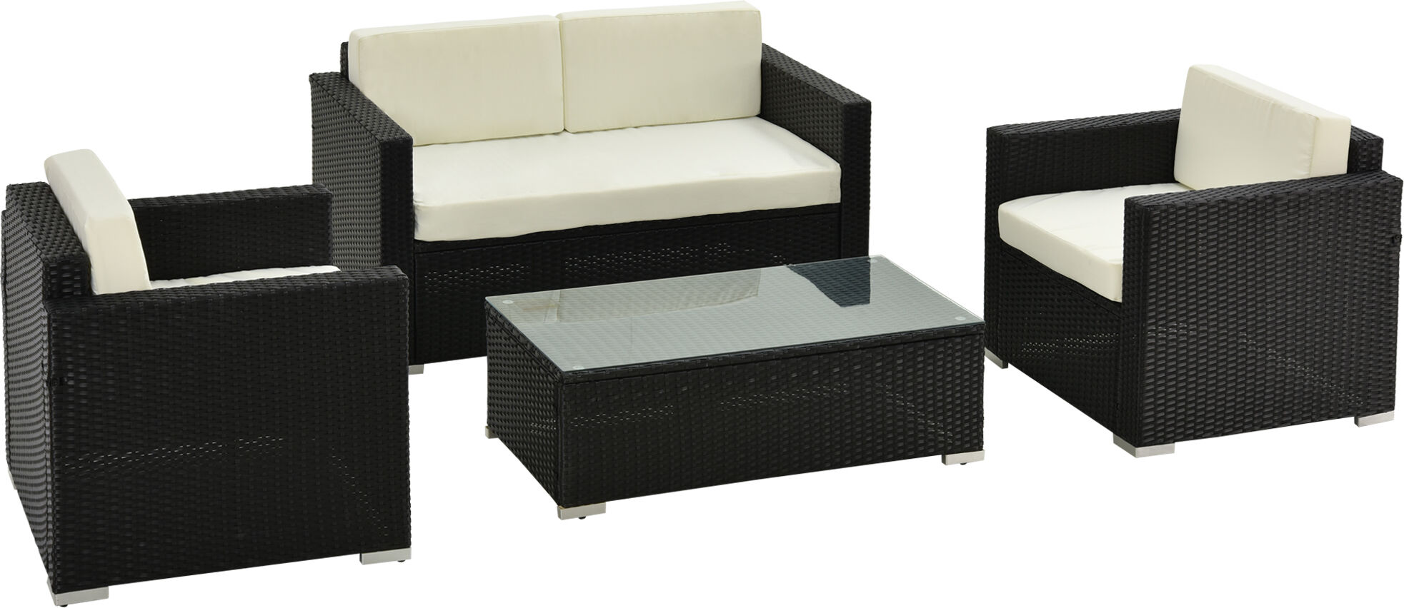 Outsunny Set da Giardino 4 Pezzi in Rattan PE e Metallo, Salotto con Divano a 2 Posti, Salotto Giardino Nero