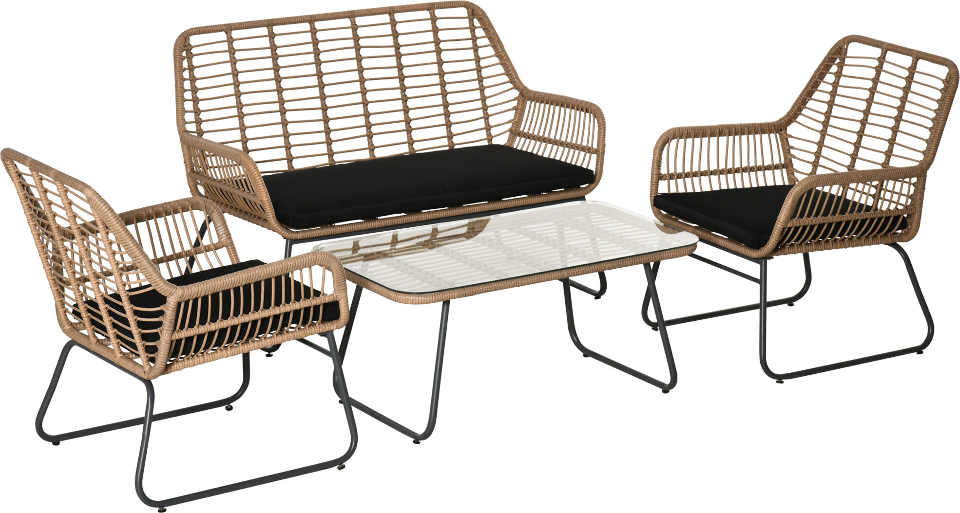 Outsunny Set Mobili da Giardino in Rattan PE con 2 Poltrone, Divanetto e Tavolino con Ripiano in Vetro