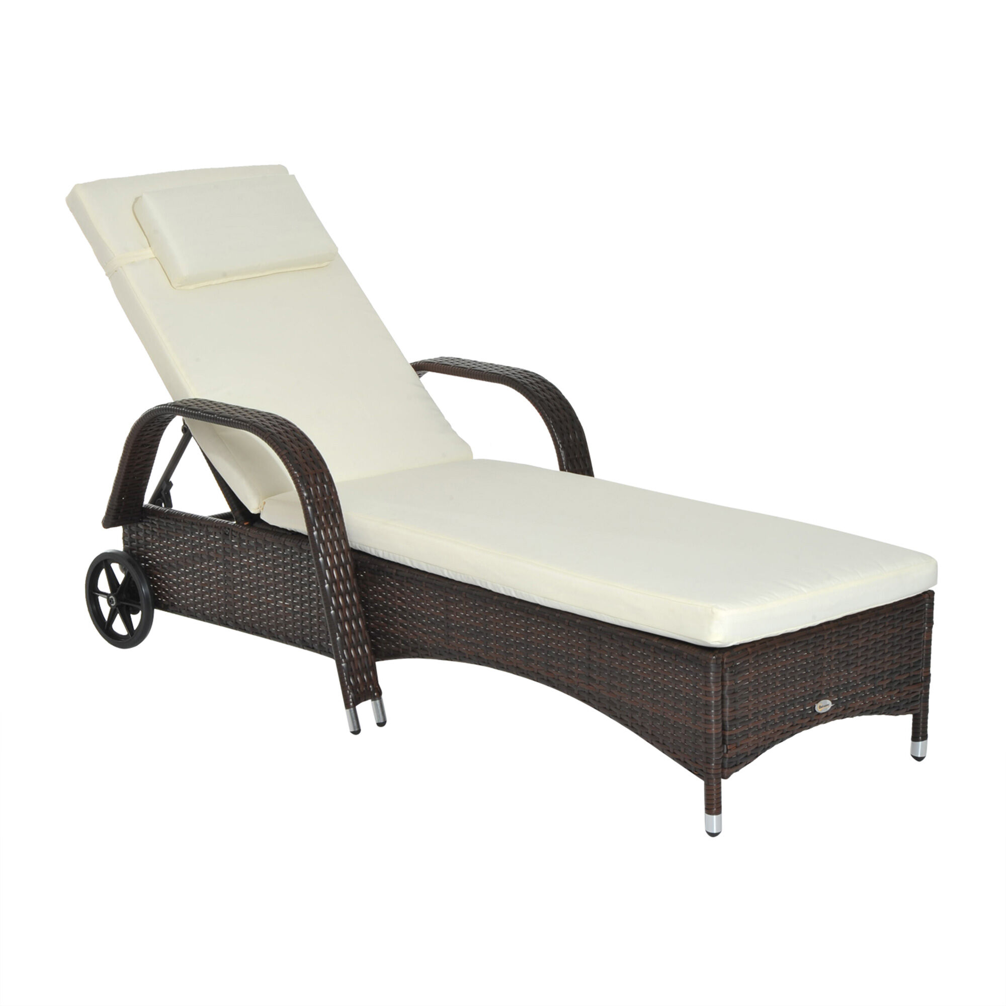 Outsunny Lettino Sedia a Sdraio Prendisole da Giardino in Rattan Altezza Regolabile con Ruote