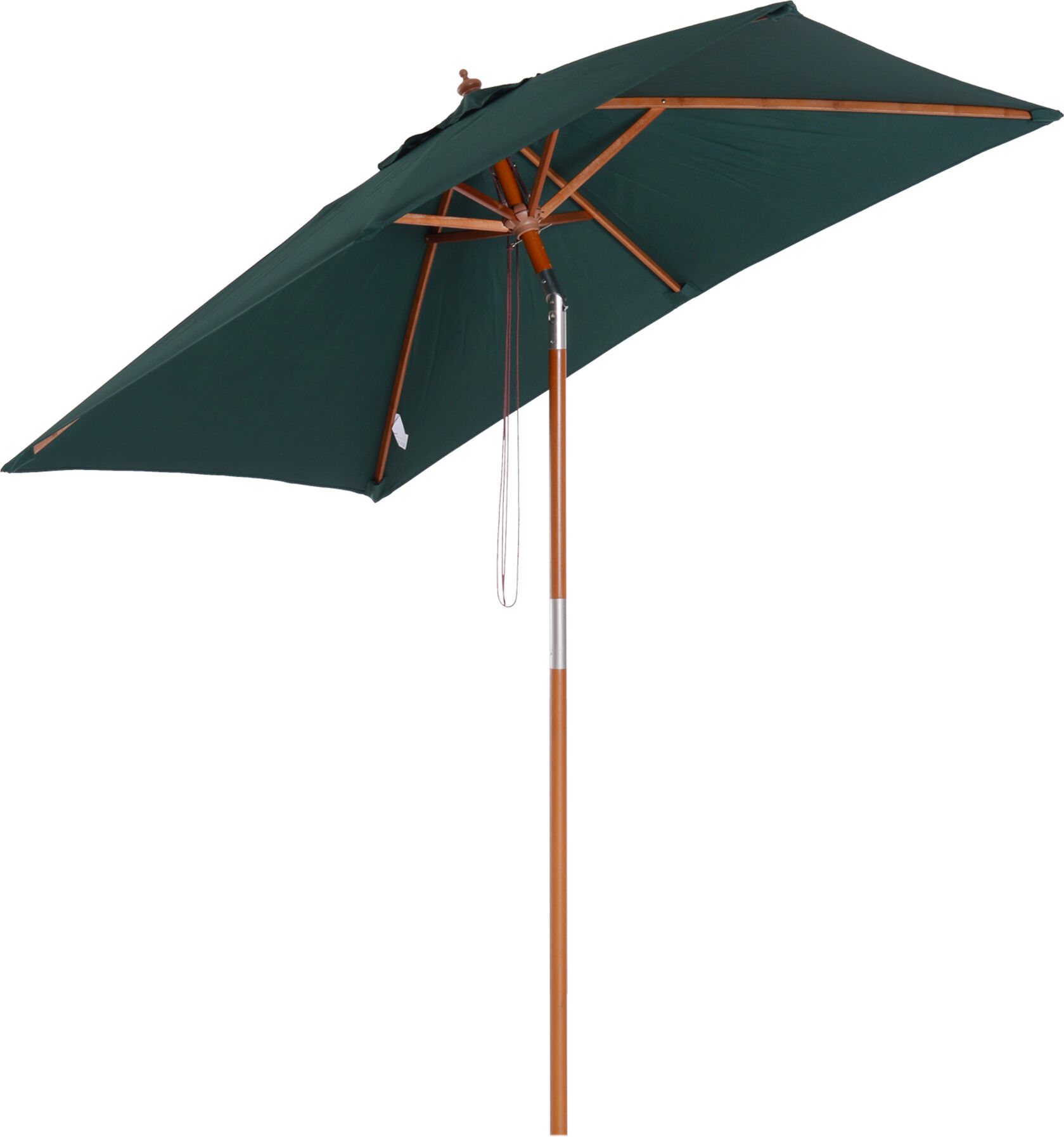 Outsunny Ombrellone da Giardino Inclinabile 2x1.5m, 6 Stecche, Palo in Legno e Apertura a Corda, Verde