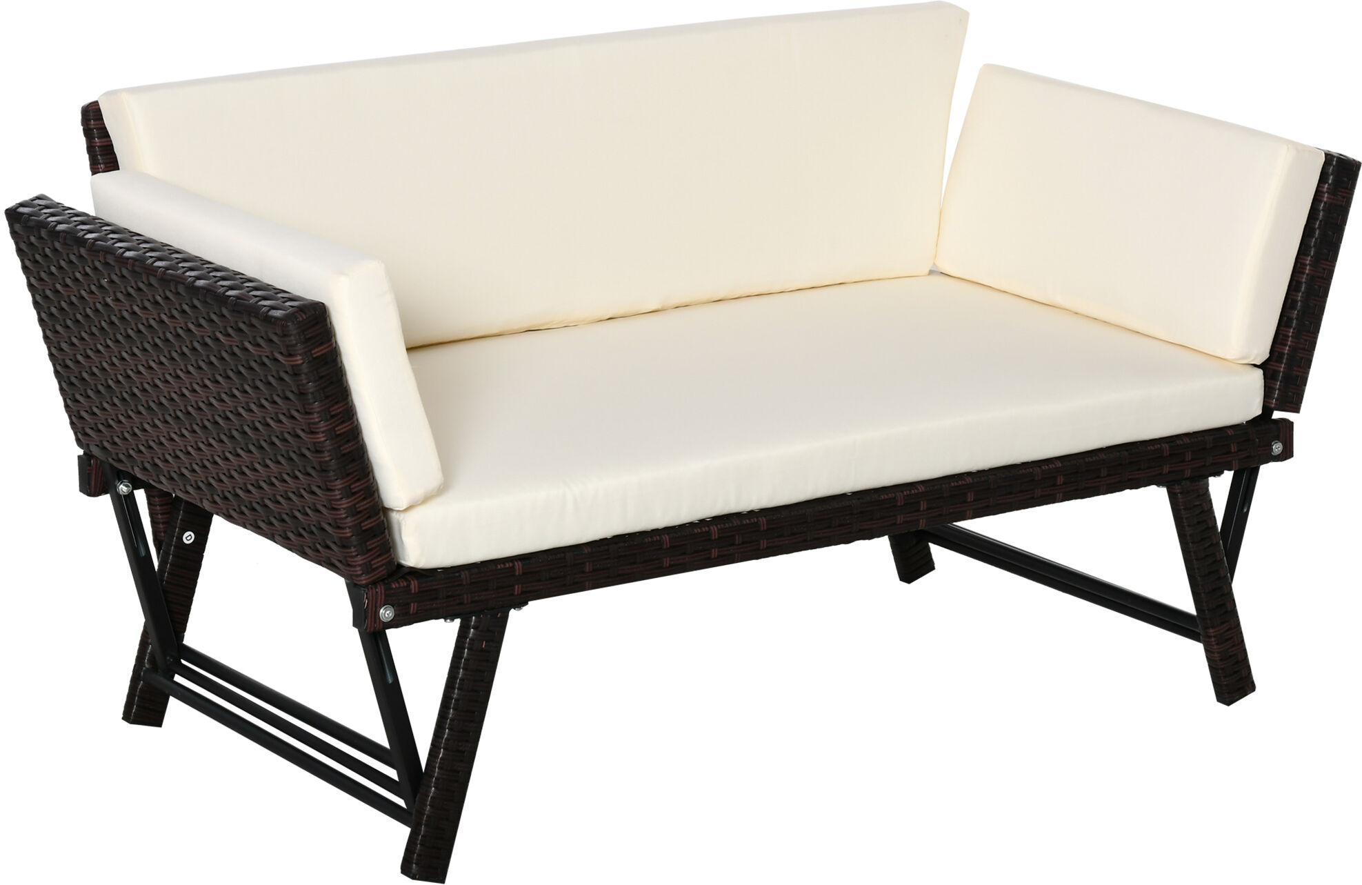 Outsunny Divano 2 Posti da Giardino in Rattan Bianco e Marrone, con Braccioli Estensibili, 129x63x67cm, Confortevole