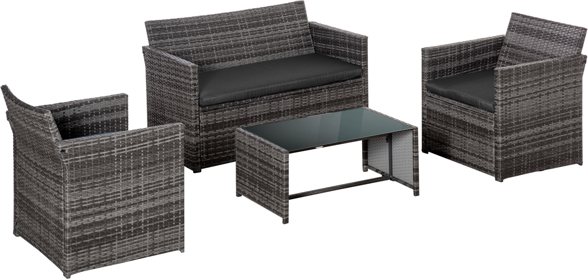 Outsunny Set 4 P.zi Mobili da Giardino in Rattan (PE), Salotto da Esterni con Tavolo, 2 Sedie, Divano due posti, Grigio