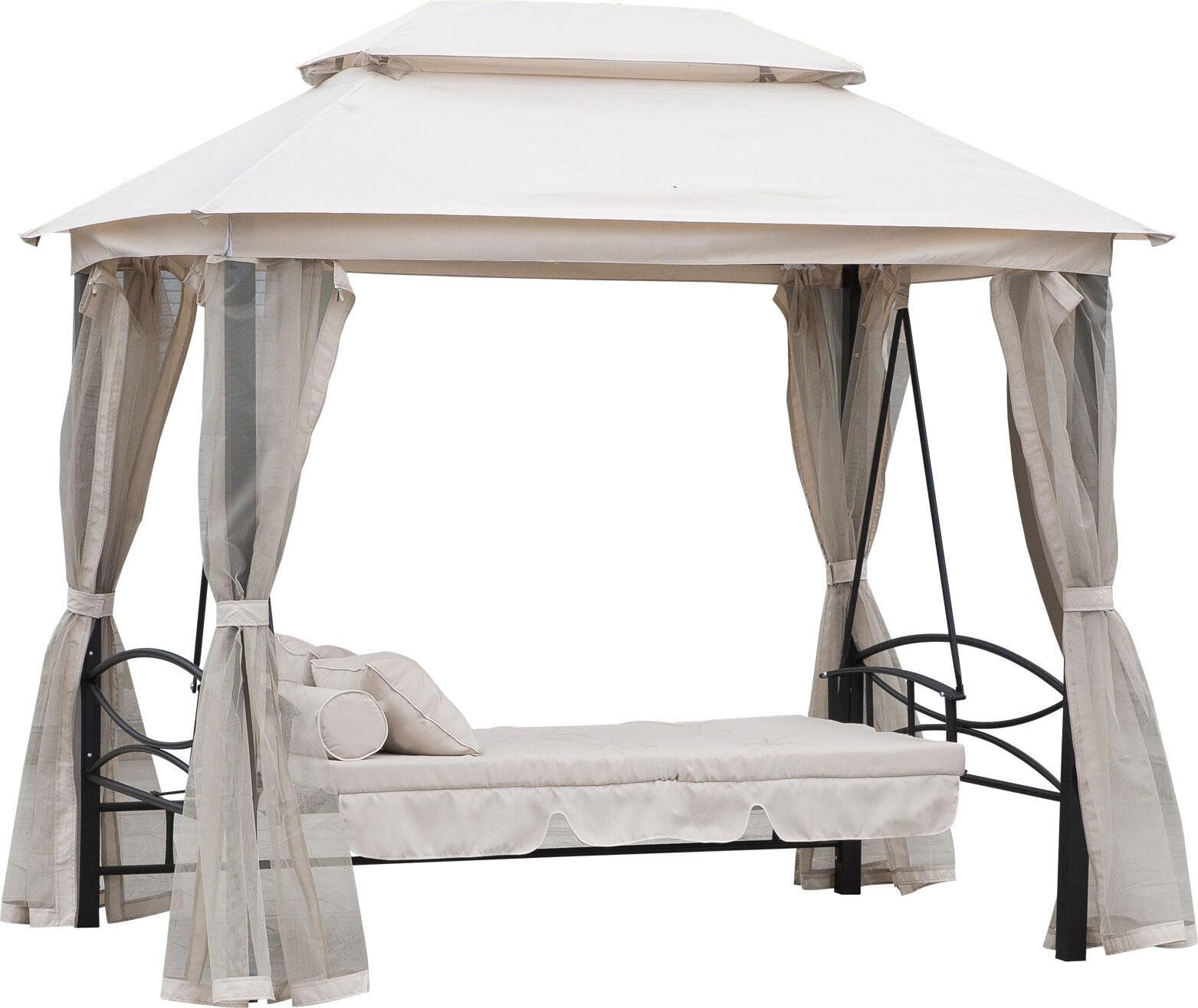 Outsunny Dondolo 3 Posti e Lettino Singolo Copertura a Gazebo con Zanzariera e Cuscini 256x172x248cm Crema