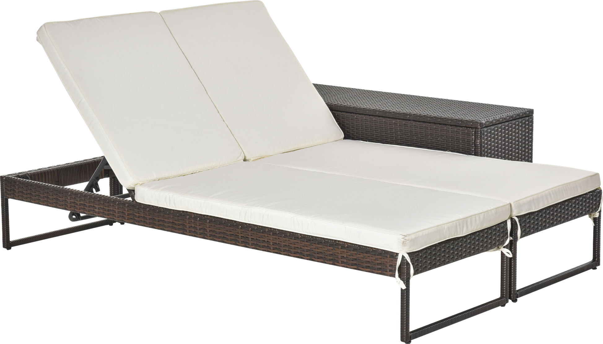 Outsunny 3pz Componibile 2 Lettini Prendisole (60 x 195 x 86cm) 1 Tavolino (121 x 40 x 50cm) Rattan con Materassini Marrone e Bianco Crema