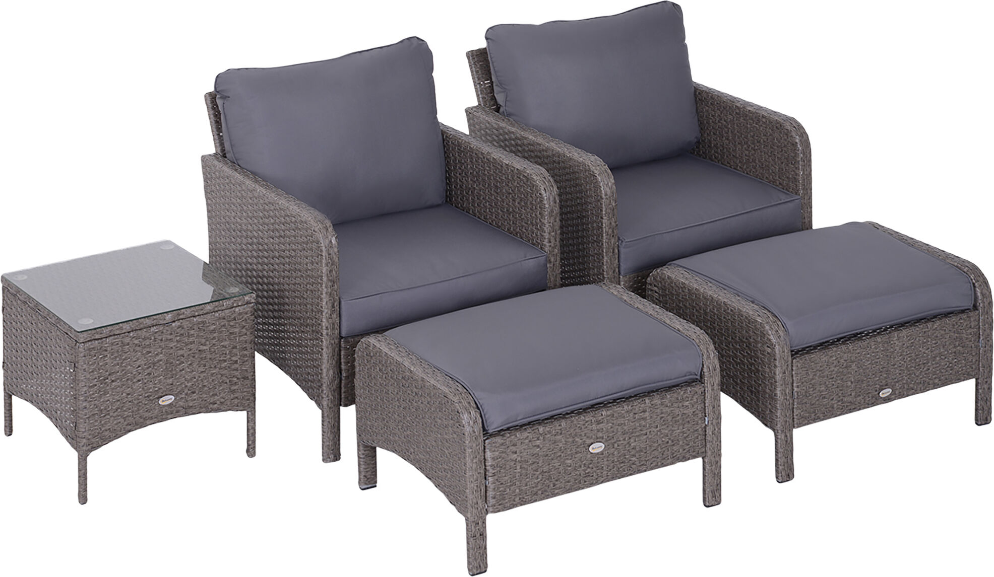 Outsunny Set Mobili Giardino Eleganti, 2 Poltrone + 2 Poggiapiedi + Tavolino Vetro Temperato, Rattan Grigio, Design Moderno