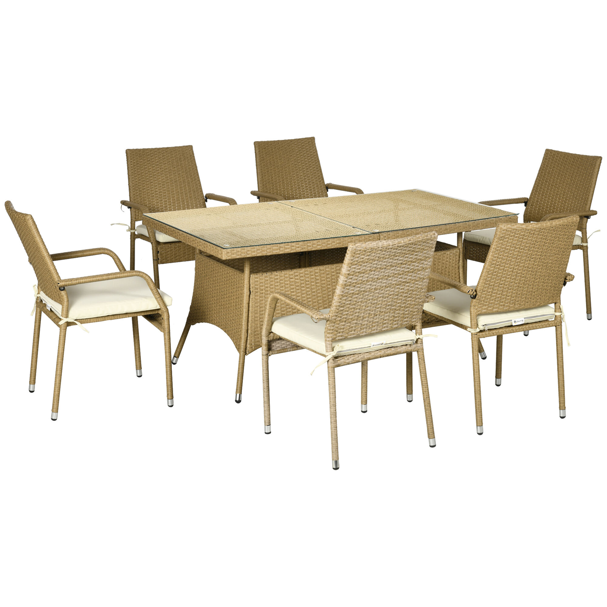 Outsunny Set da Giardino in Rattan da 7 Pezzi con Tavolo Rettangolare e 6 Sedie da Pranzo con Cuscini Imbottiti, Color Sabbia e Beige