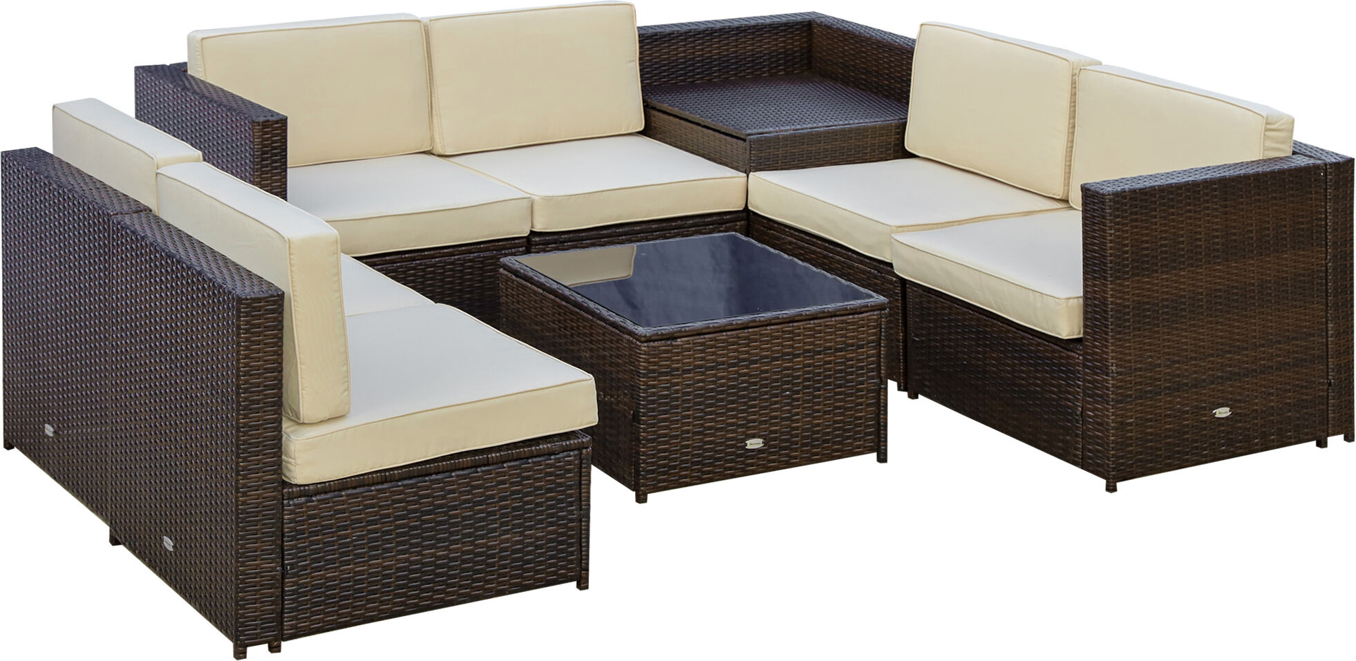 Outsunny Set da Giardino 8 Pezzi con 4 Poltrone, 2 Poltrone Angolari e 2 Tavolini per Giardino in Rattan Marrone