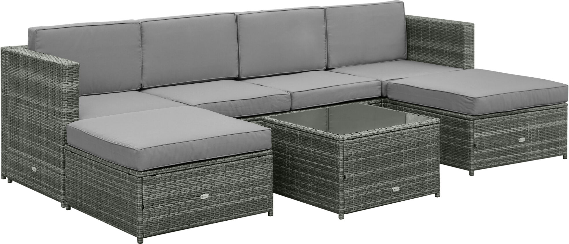 Outsunny Set Mobili da Giardino 7 Pezzi in Rattan e Acciaio, Salotto da Esterno con Tavolo, Poltrone e Pouf, Grigio