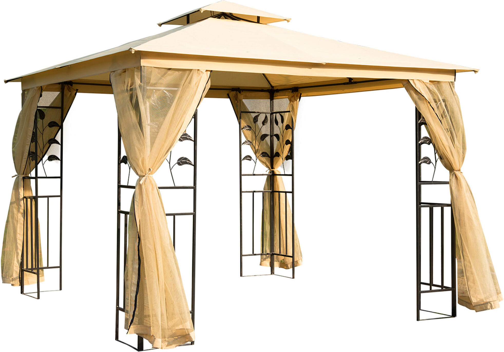 Outsunny Gazebo da Esterno o Giardino 3x3m con Zanzariera, Telaio in Acciaio e Doppio Tettuccio, Beige