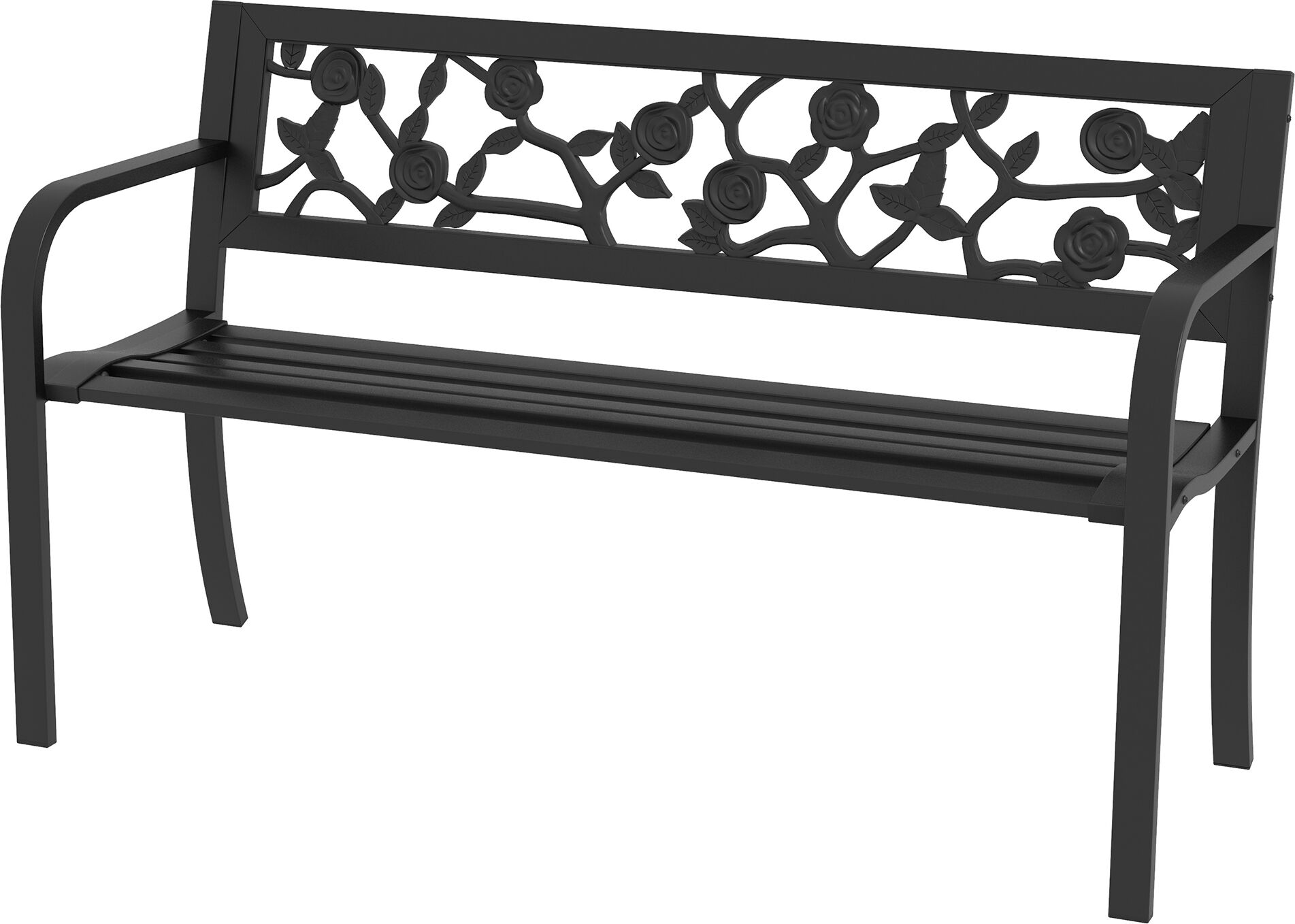 Outsunny Panchina da Giardino 2 Posti in Acciaio con Schienale Decorato e Braccioli, 127x50x75cm, Nero