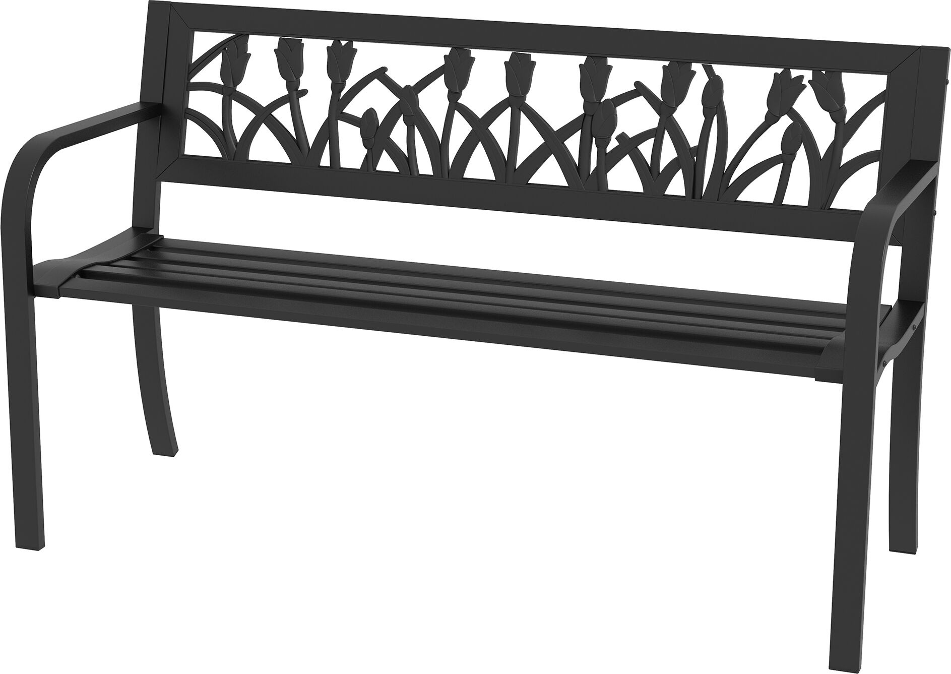 Outsunny Panchina da Giardino a 2 Posti in Acciaio con Schienale Decorato e Braccioli, 125x50x75cm, Nero