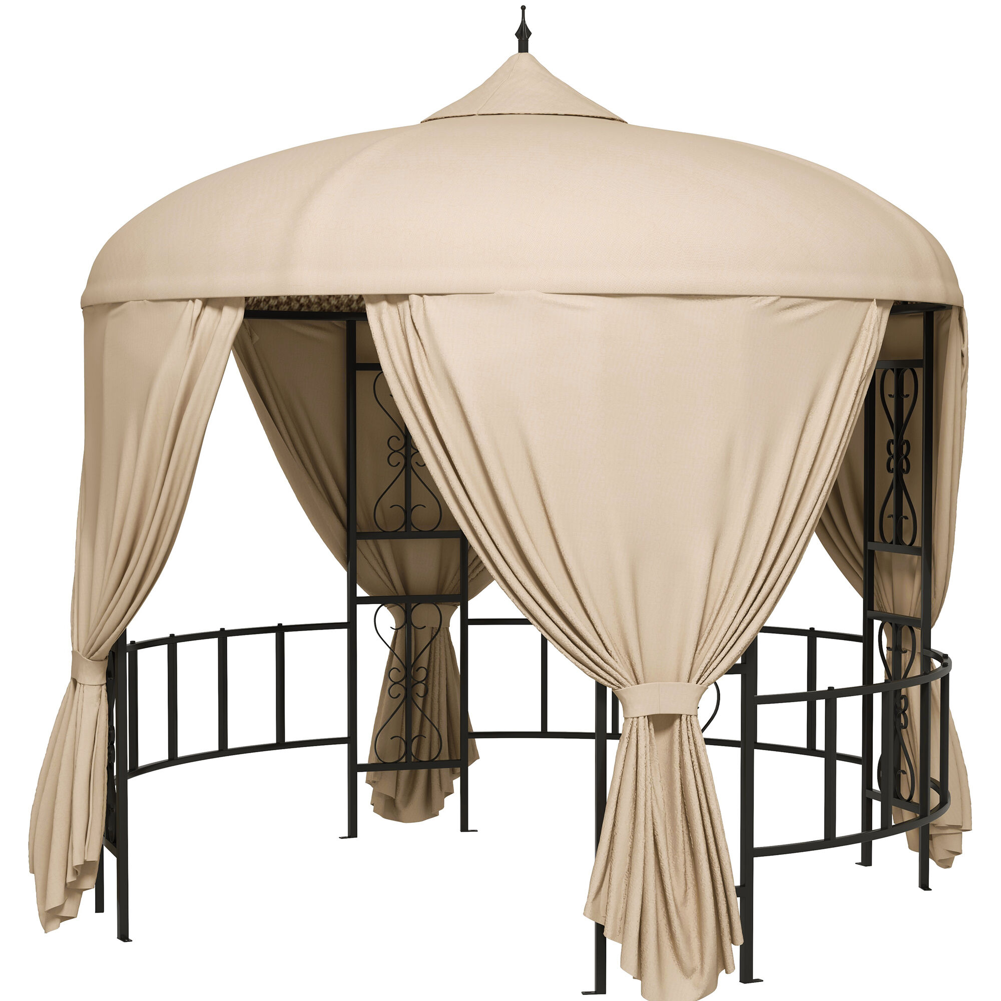 Outsunny  Gazebo da Giardino Rotondo Ø3m con Tende e Prese d'Aria in Metallo e Poliestere, Beige