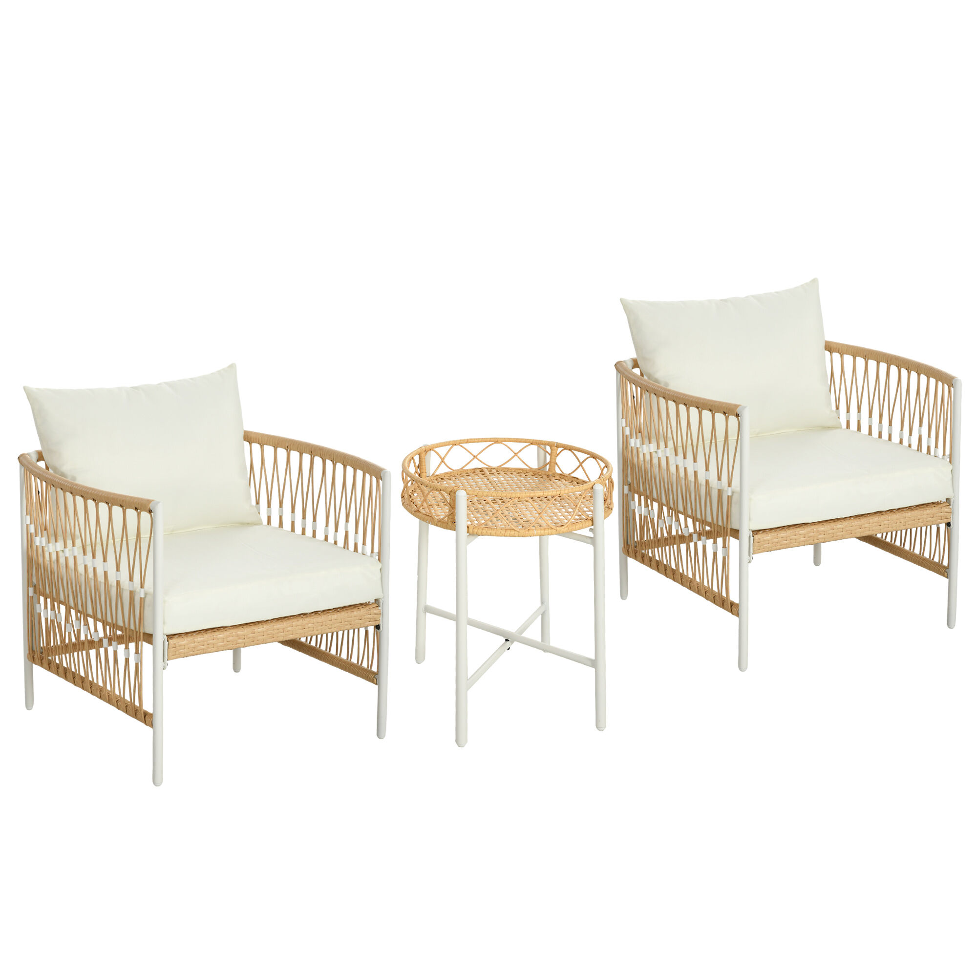 Outsunny Set da Giardino Stile Boho in Rattan con 2 Sedie con Cuscini e Tavolino Rotondo, Giallo