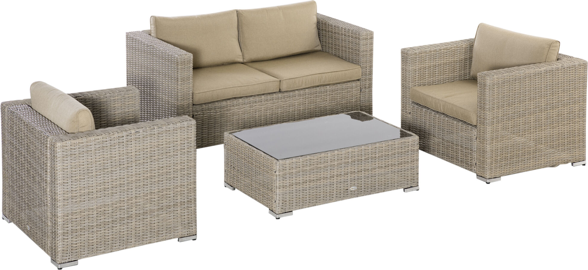 Outsunny Set Mobili da Giardino 4 Pezzi in Rattan PE, Salotto da Esterno 1 Divano, 2 Poltrone, 1 Tavolino e Cuscini Lavabili, Kaki e Beige