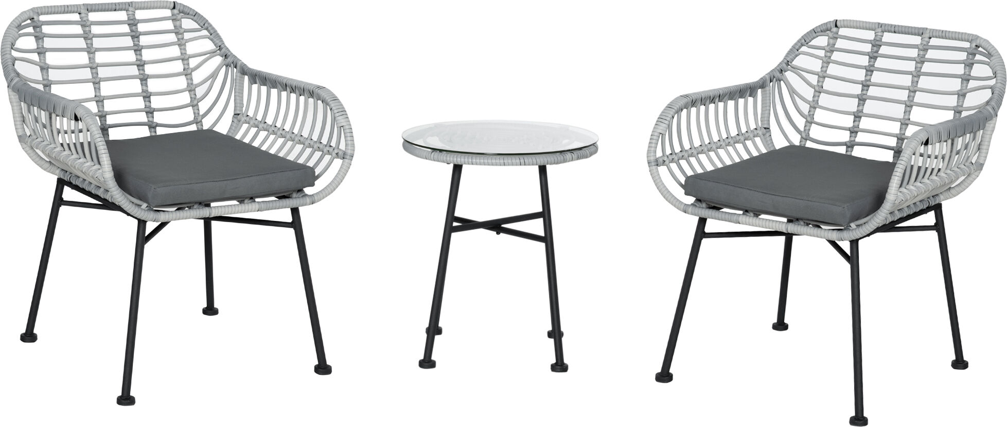 Outsunny Set Mobili da Giardino in Rattan PE da 3 Pezzi, Salotto da Esterno con 2 Sedie e Tavolino con Ripiano in Vetro per Terrazza e Bistrò, Grigio