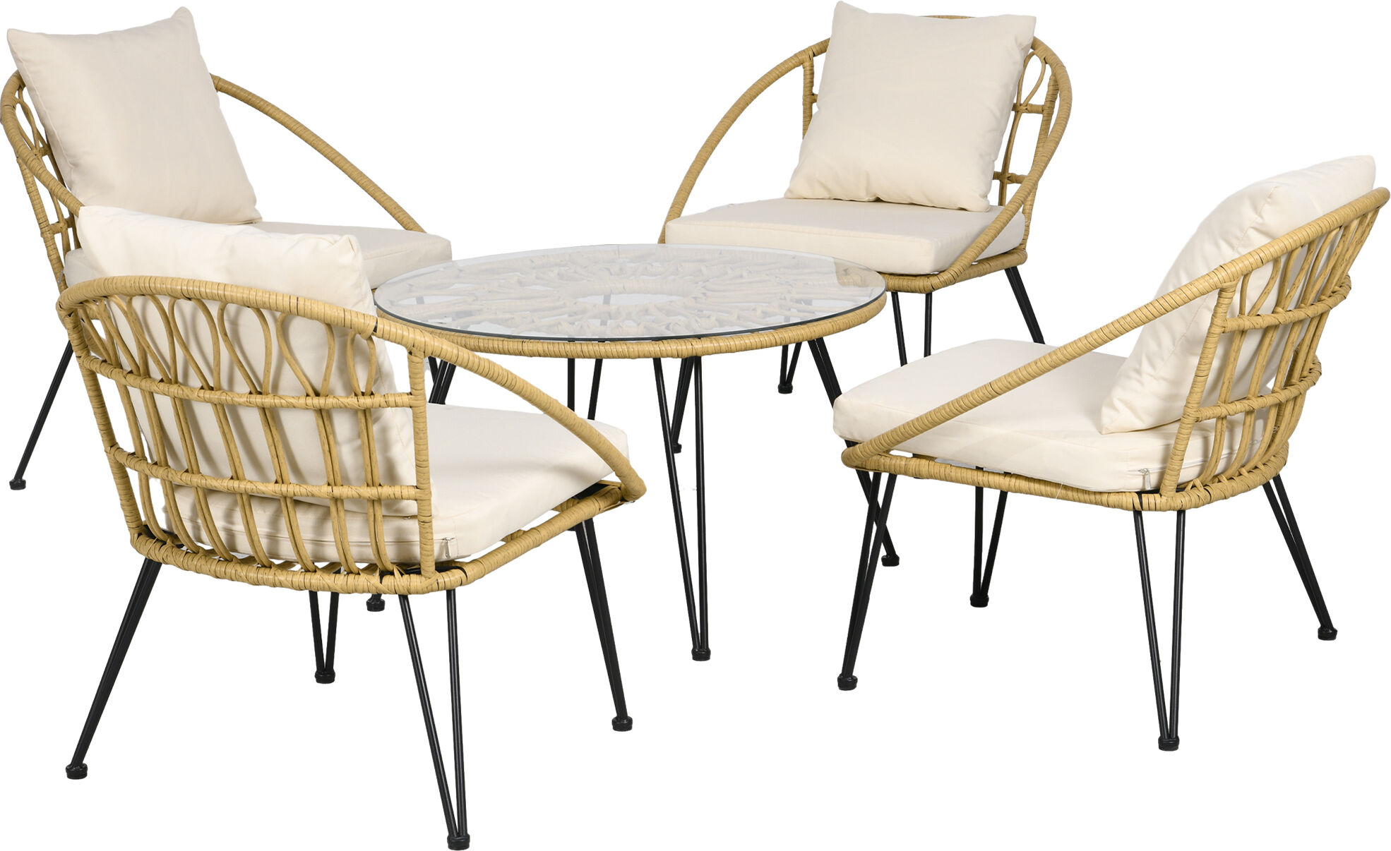 Outsunny Set da Giardino 5 Pezzi in Rattan con Tavolo Rotondo Ø82x50 cm e 4 Sedie 72x72x75 cm con Cuscini