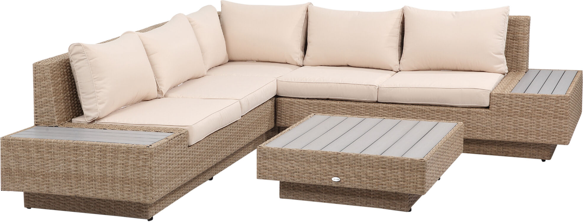 Outsunny Set da Giardino 4 Pezzi in Rattan, Divano Angolare con Cuscini e Tavolini, Marrone chiaro