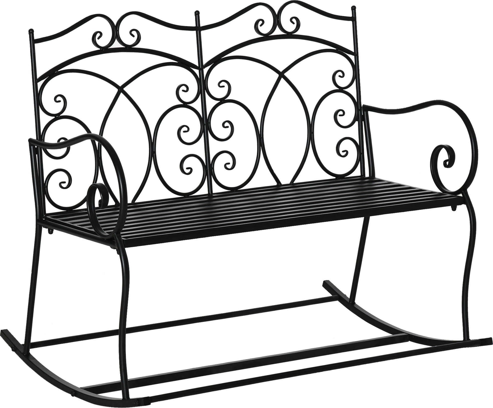 Outsunny Sedia a Dondolo a 2 Posti in Metallo, Panchina a Dondolo da Giardino Elegante con Schienale Decorato, 102x74.5x78cm Nera