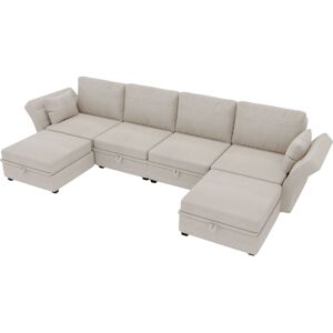 Gomyway Morbido divano componibile a forma di U con contenitore, divano letto matrimoniale, braccioli pieghevoli in tessuto, ampio divano reclinabile, Beige