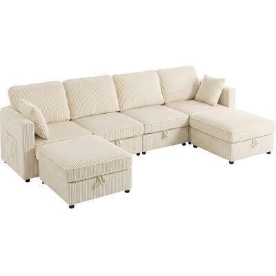 Homcom Divano Modulare a U 4 Posti con 2 Pouf Contenitori in Velluto a Coste, 4 Cuscini, Bianco Crema Aosom Italy Homcom Divano Modulare a U 4 Posti con 2 Pouf Contenitori in Velluto a Coste, 4 Cuscini, Bianco Crema Aosom Italy