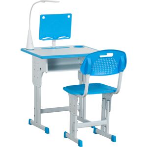 Homcom Banco Scuola con Sedia per Bambini 6-12 Anni Altezza Regolabile, Lampada LED, Leggio e Portapenne, Acciaio e MDF, Blu