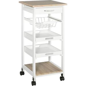 Homcom Carrello da Cucina salvaspazio in legno MDF bianco: 1 cassetto, 1 cestello, 2 vassoi, ripiano e 4 ruote, 37 x 37 x 82cm