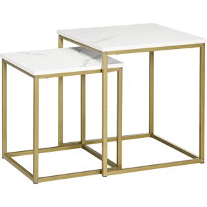 Homcom Tavolino da Salotto Set 2 Pz Impilabile con Piano Effetto Marmo in Truciolato e Struttura in Acciaio, 45x45x50 cm e 37x37x43 cm, Bianco e Oro