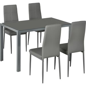 Homcom Set da Pranzo 5 Pezzi con 1 Tavolo da Pranzo e 4 Sedie Moderne in Similpelle, Metallo e Vetro Temperato, Grigio