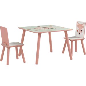 Zonekiz Set Tavolo e Sedie 3 Pezzi per Bambini 3-8 Anni in MDF e Legno di Pino con Disegni di Animali, Rosa