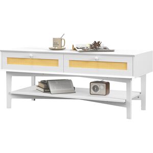 Homcom Tavolino da Caffè Boho con 2 Cassetti e Ripiano, in Rattan e Truciolato, 120x50x50 cm, Bianco e color Legno