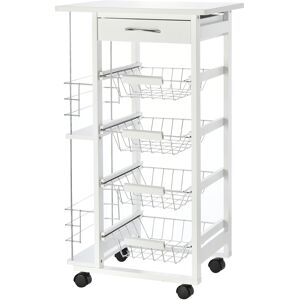 homcom carrello da cucina salvaspazio in legno bianco con 1 piano di lavoro 1 cassetto e 4 cestelli metallici 47x37x83cm