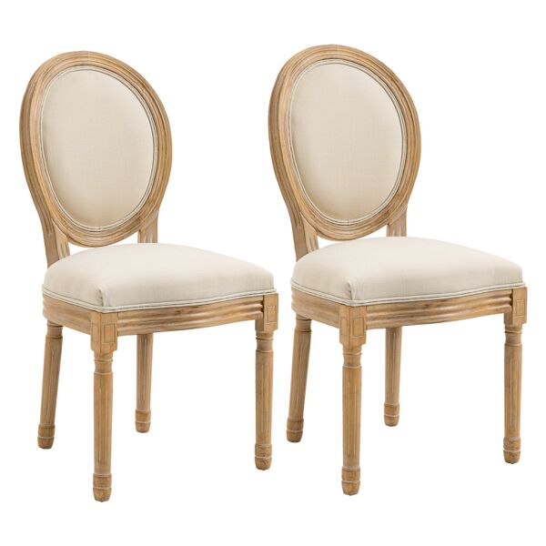 homcom set 2 sedie imbottite per soggiorno stile vintage rétro in legno e tessuto effetto lino bianco panna 49x56x96cm