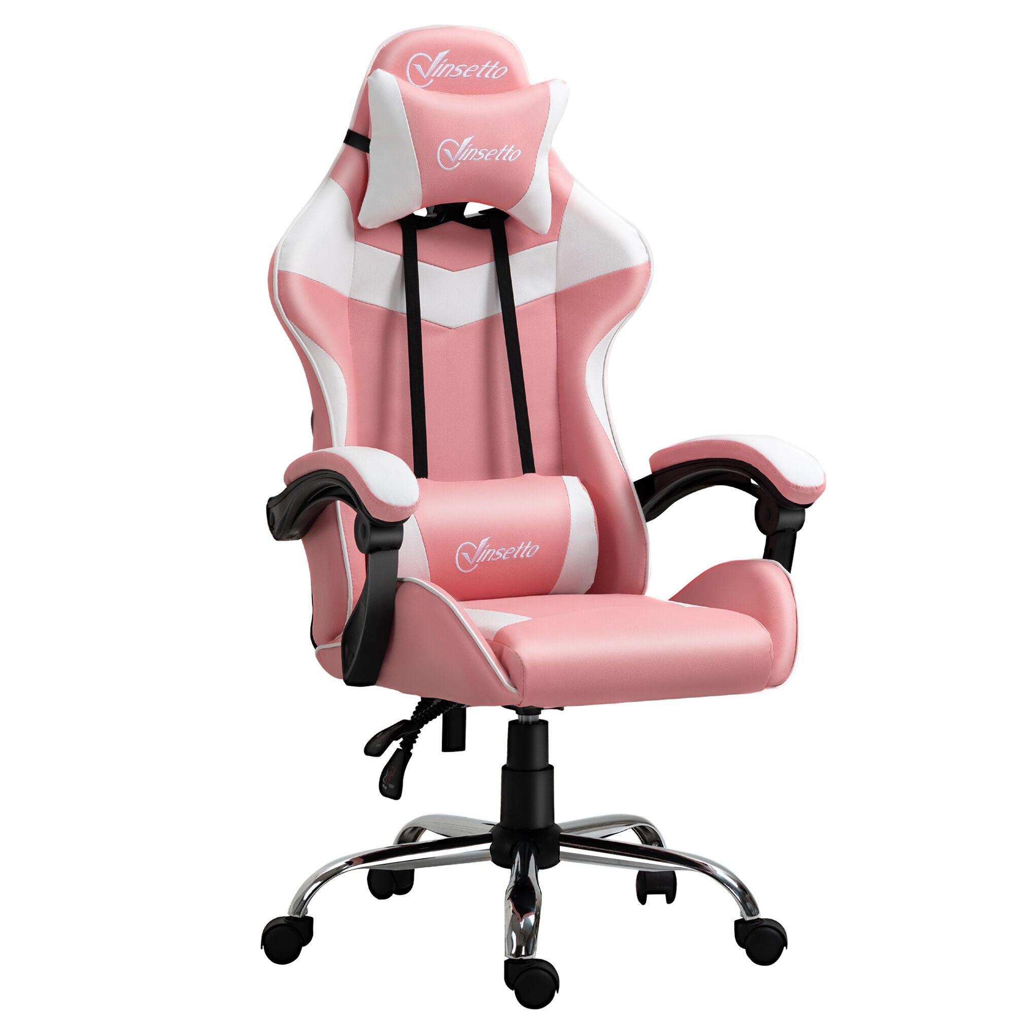 Vinsetto Sedia da Gaming Ergonomica con Poggiatesta, Altezza Regolabile e Reclinabile, Poltrona Girevole con Ruote, 63x67x119-127cm, Rosa