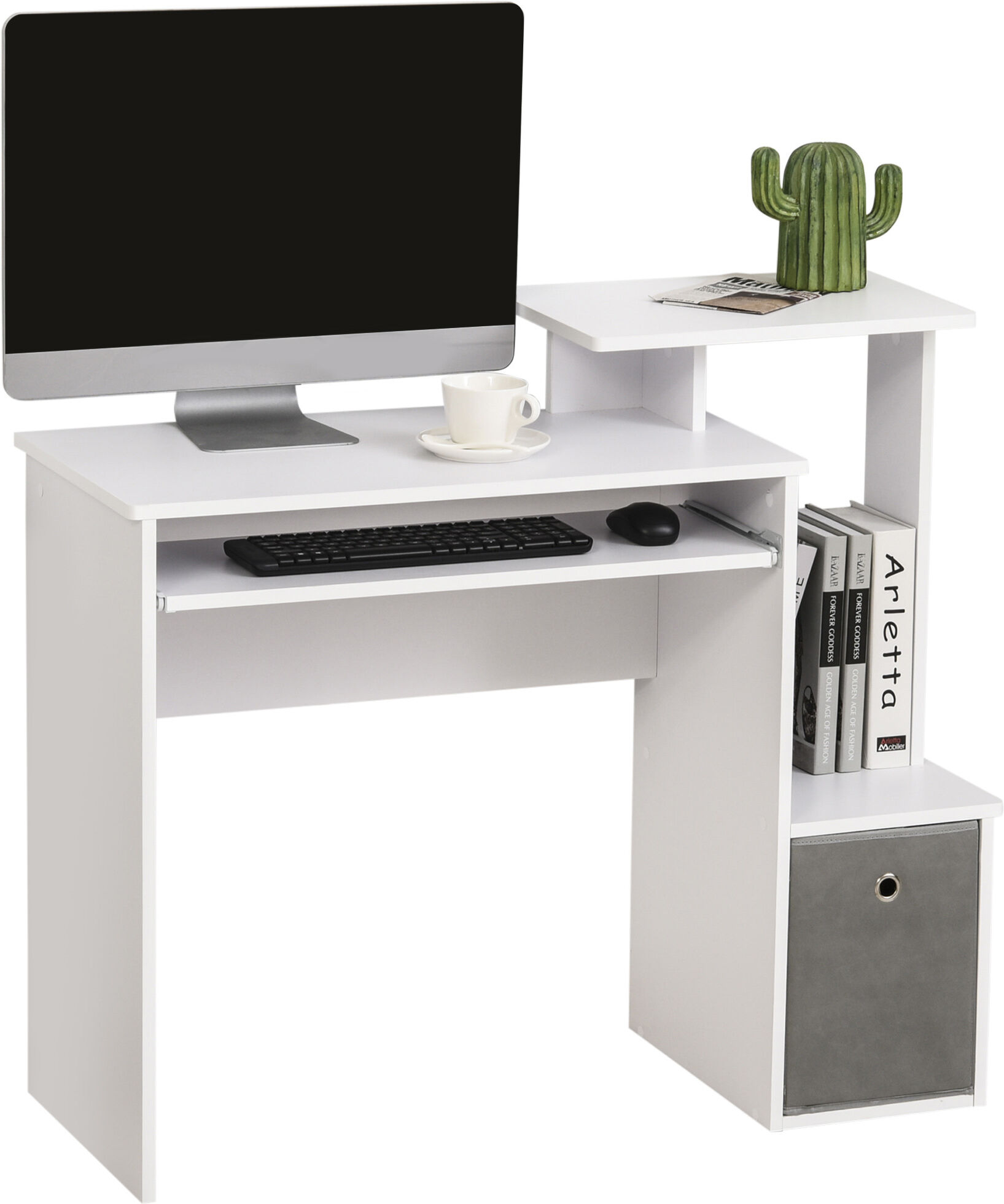 Homcom Scrivania Moderna per PC con Mensola Porta Tastiera, Ripiano e Cassetto in Tessuto, in Legno, 100x40x86.6cm, Bianco