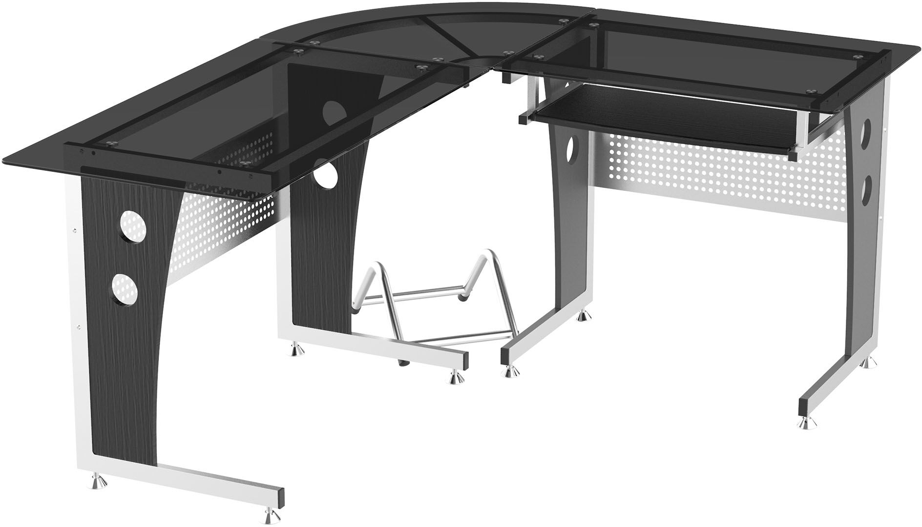 Homcom Scrivania ad Angolo Tavolo per Computer Angolare, Scrivania a L  in Legno MDF Metallo e Vetro Nero