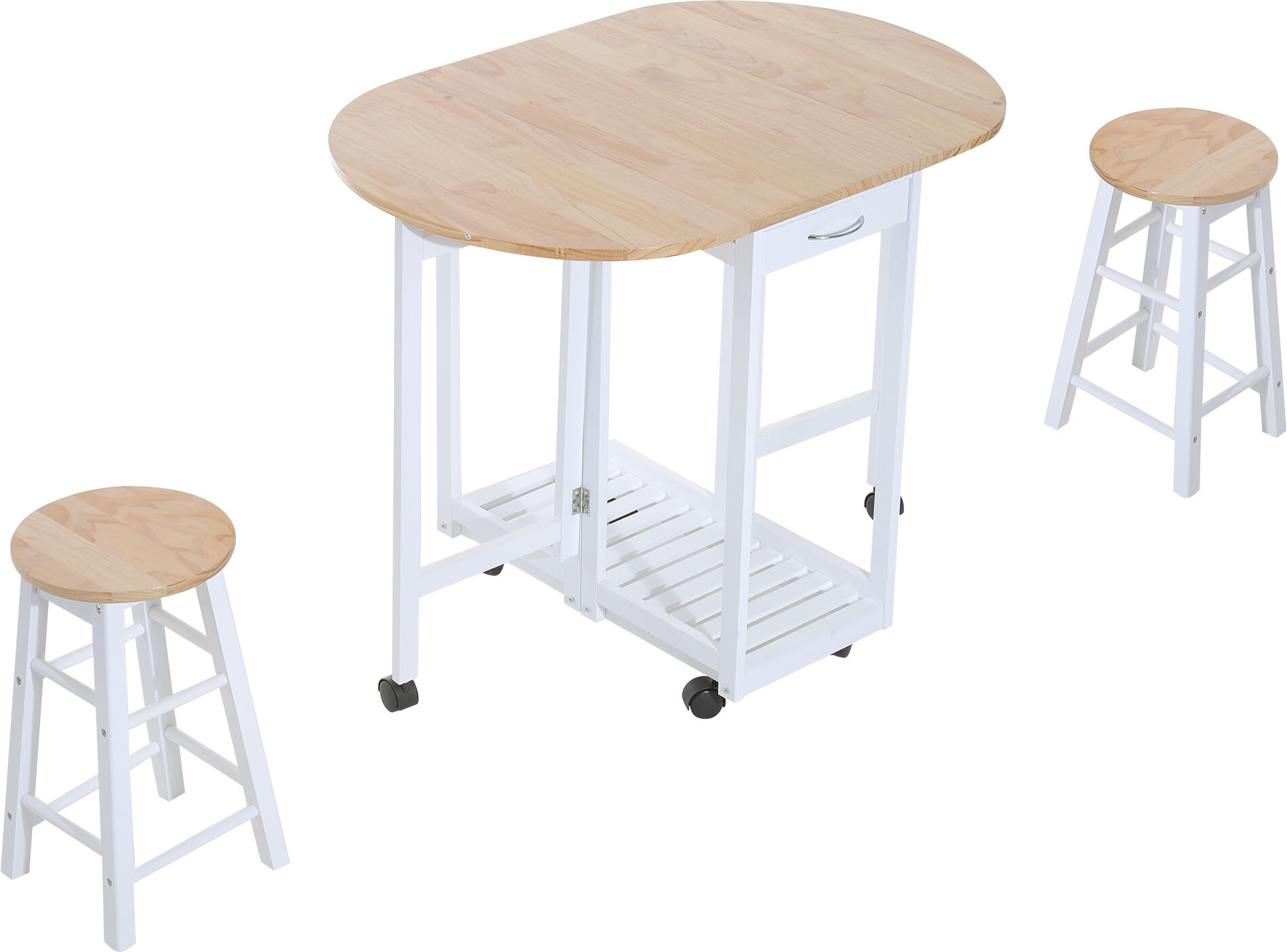 Homcom Set 3 Pezzi con Tavolo Pieghevole e 2 Sgabelli, Carrello da Cucina Salvaspazio con 6 Ruote, Bianco e Legno