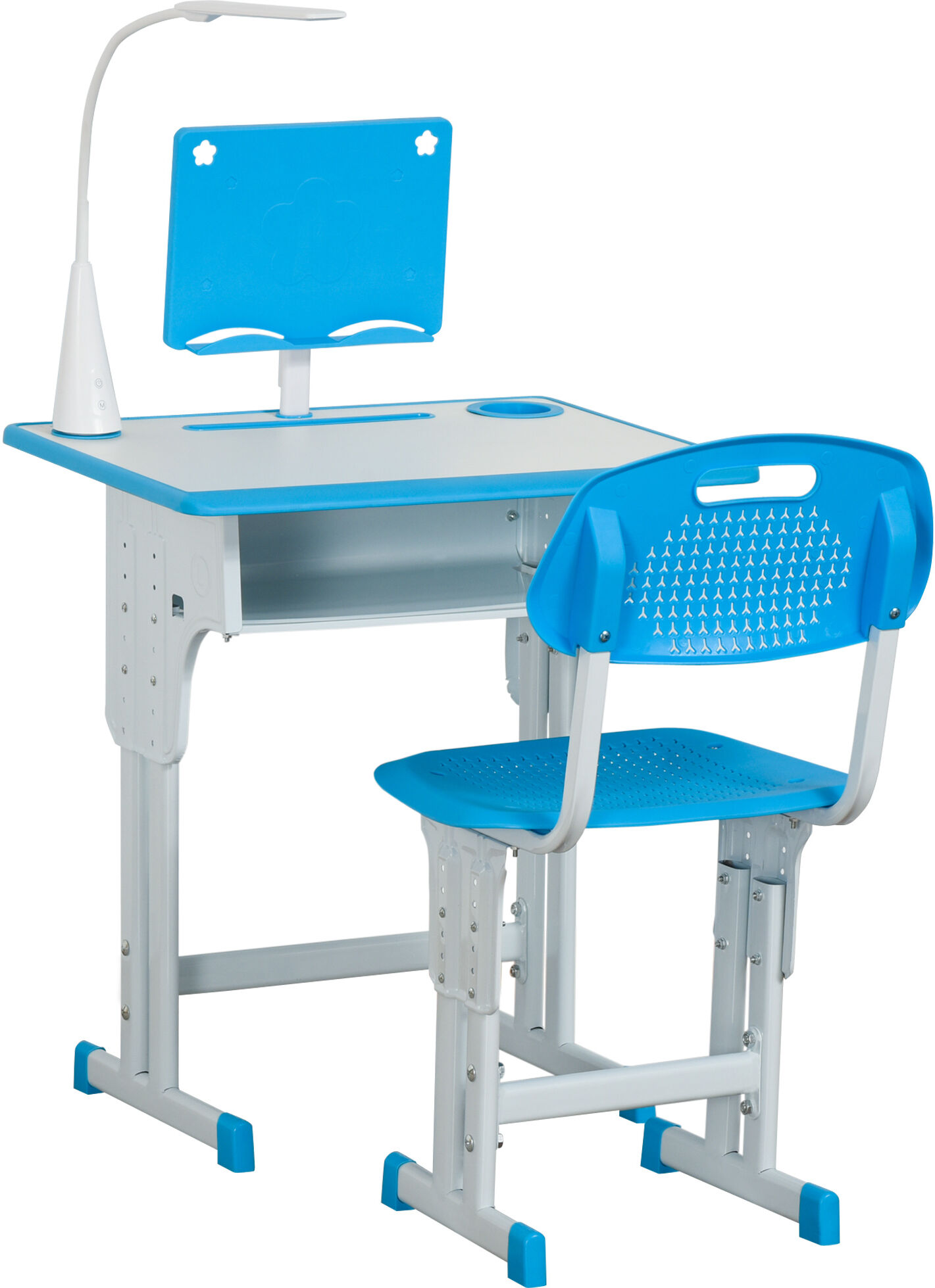 Homcom Banco Scuola con Sedia per Bambini 6-12 Anni Altezza Regolabile, Lampada LED, Leggio e Portapenne, Acciaio e MDF, Blu